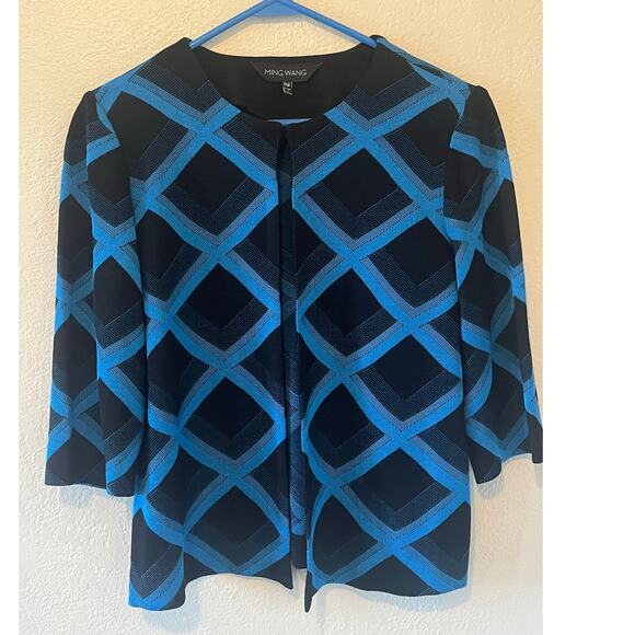 Women's Ming Wang Blue Black Diamond Print Knit Cardigan Jacket Size PM - Picture 1 of 6